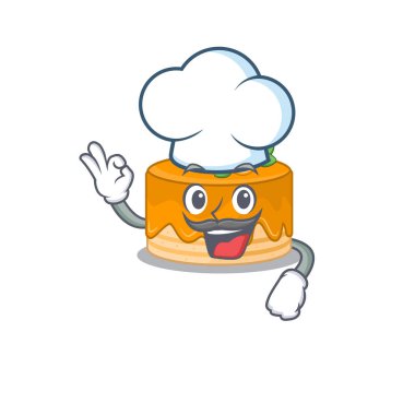 Turuncu pasta çizgi film karakteri aşçı olarak çalışıyor ve beyaz şapka takıyor.