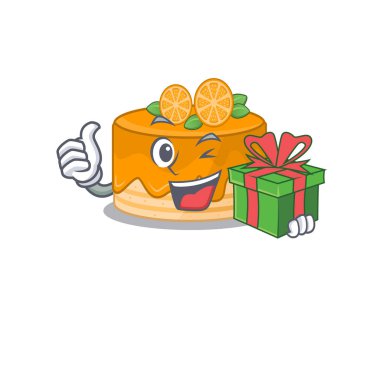 Mutlu turuncu pasta karakterinin hediye kutusu var.