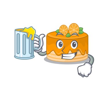 Gülen turuncu pasta maskotu tasarımı ve büyük bir bardak.
