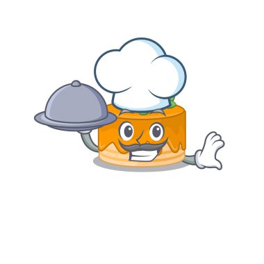 Bir portakallı pasta, tepside yemek servisi yapan bir şef.