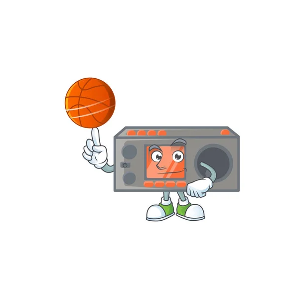 Um personagem de desenho animado transceptor de rádio forte com uma bola de basquete — Vetor de Stock