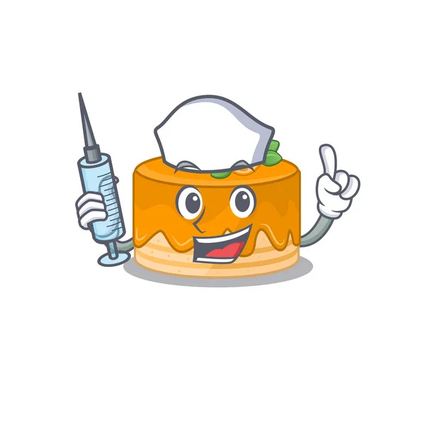 Ein orangefarbener Kuchen gastfreundlich Krankenschwester Charakter mit einer Spritze — Stockvektor