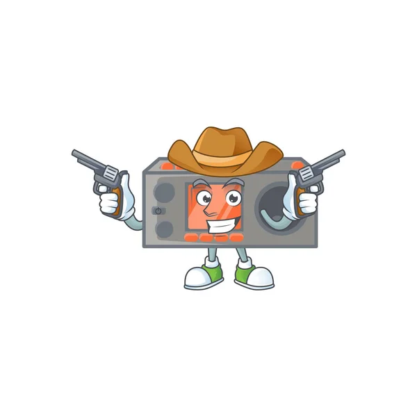 The brave of radio transceiver Cowboy cartoon character holding guns — Stock Vector