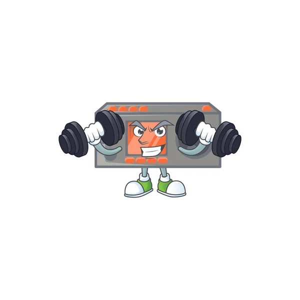 Ícone mascote transceptor de rádio no exercício de fitness tentando barbells — Vetor de Stock
