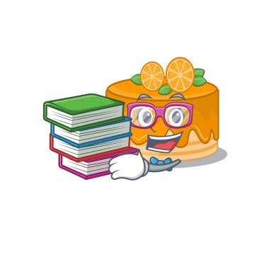 Portakallı kek maskot çizgi filmi kitapla çalışıyor.