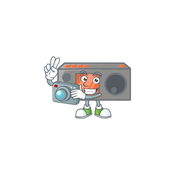 A radio transceiver Photographer cartoon character in action with a camera — Stock Vector