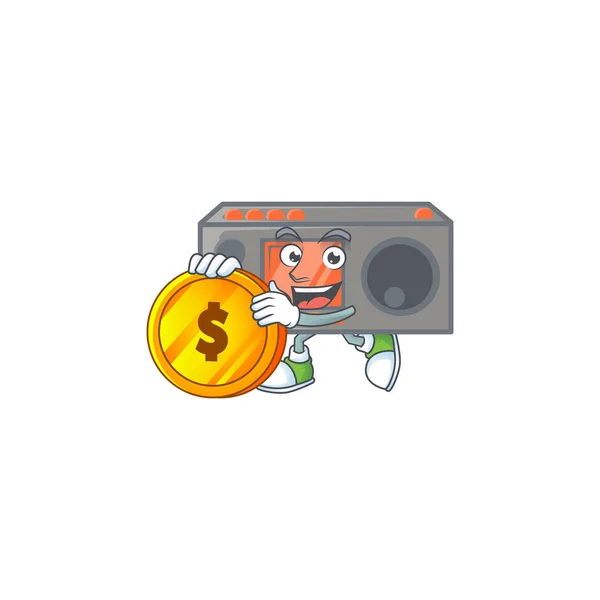 Un elegante diseño de dibujos animados mascota transceptor de radio con moneda de oro — Vector de stock