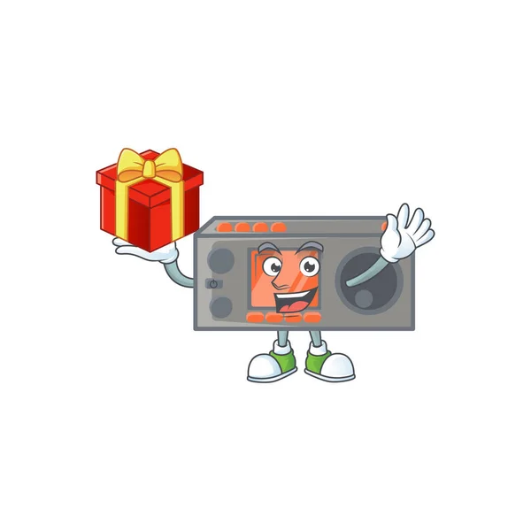 Cartoon character of radio transceiver with a box of gift — 스톡 벡터