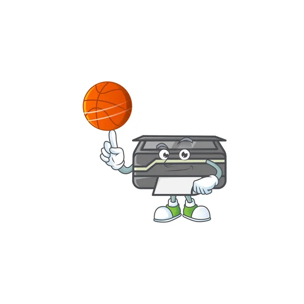 Um personagem de desenho animado de impressora forte com um basquete — Vetor de Stock