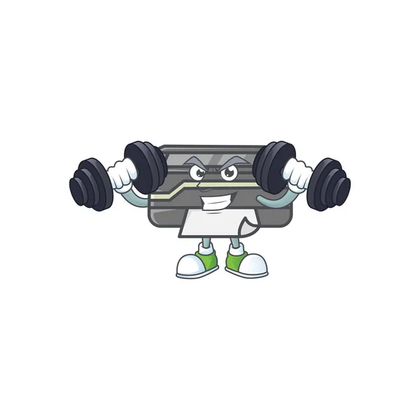 Printer mascot icon on fitness exercise trying barbells — Stockvektor
