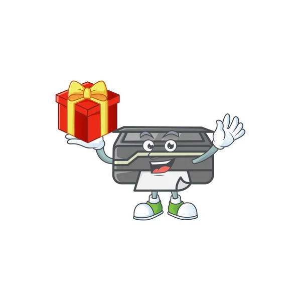 Cartoon character of printer with a box of gift — Stock vektor