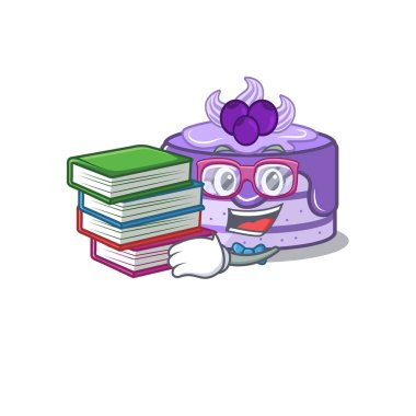 Yaban mersinli kek maskot çizgi filmi kitapla çalışıyor.