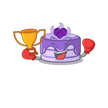 Maskot dizaynında yaban mersinli pasta kazanan harika bir boks şampiyonu.