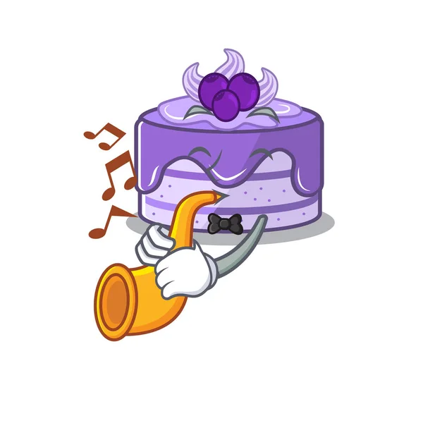 Conceito de design mascote de bolo de mirtilo tocando um trompete — Vetor de Stock