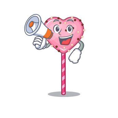A mascot of candy heart lollipop speaking on a megaphone