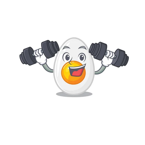 Sporty Fitness exercise boiled egg mascot design using barbells — Stock Vector