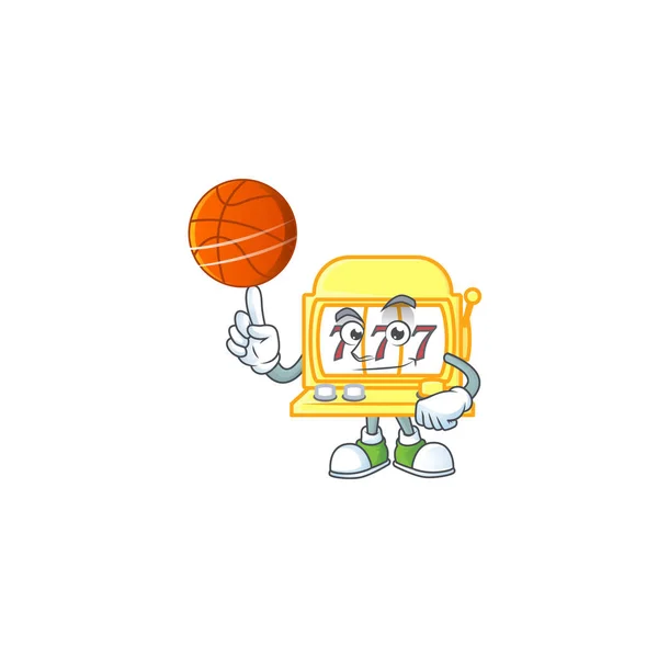 Сильний золотий ігровий автомат мультяшний персонаж з баскетболом — стоковий вектор