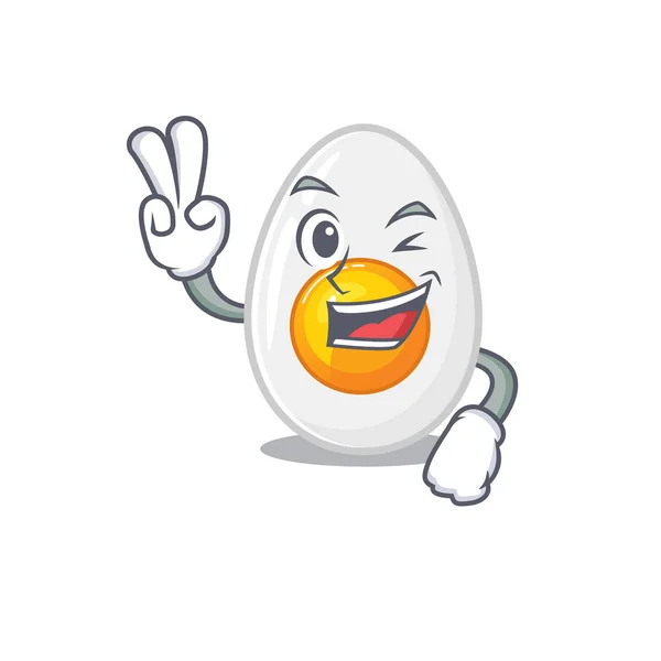 Mascote de ovo cozido engraçado personagem de desenho animado com dois dedos — Vetor de Stock