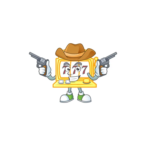 The brave of golden slot machine Cowboy cartoon character holding guns — Stock Vector