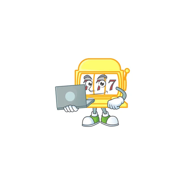 Un'icona di mascotte di macchina mangiasoldi d'oro intelligente che lavora con computer portatile — Vettoriale Stock