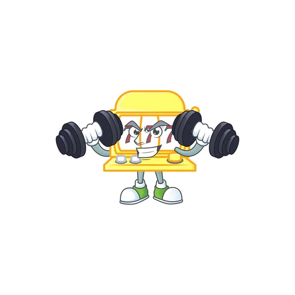 Golden slot machine mascot icon on fitness exercise trying barbells — Stock Vector