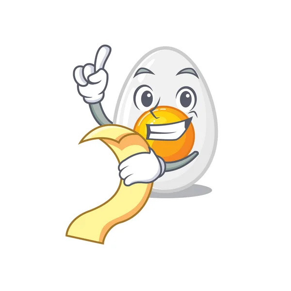 Sebuah karakter kartun lucu dari telur rebus memegang menu - Stok Vektor