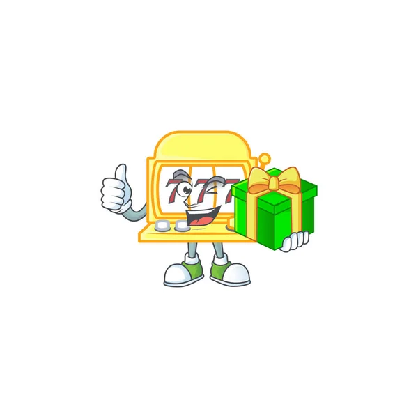 Lindo personaje de máquina tragaperras de oro sosteniendo una caja de regalo — Vector de stock