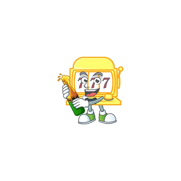 Mascot cartoon design of golden slot machine having a bottle of beer — Stock vektor