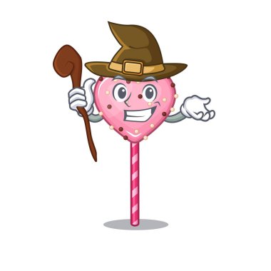a mascot concept of candy heart lollipop performed as a witch