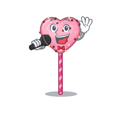 Happy candy heart lollipop singing on a microphone
