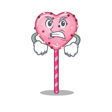 Şeker kalpli lolipop çizgi film karakteri gibi sinirli bir yüzü var.