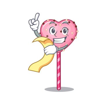 A funny cartoon character of candy heart lollipop holding a menu