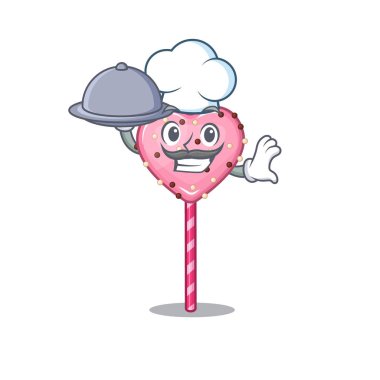 Aşçı olarak tepside yemek servisi yapan şeker kalpli bir lolipop resmi.