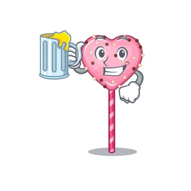 Gülen şeker kalp lolipop maskot tasarımı büyük bir bardakla