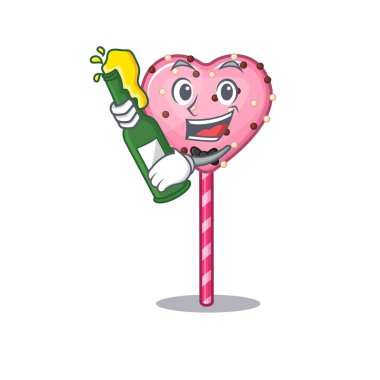 mascot cartoon design of candy heart lollipop with bottle of beer