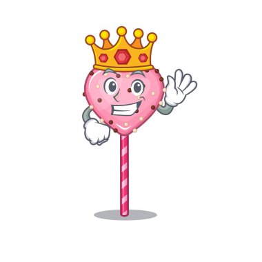 A cartoon mascot design of candy heart lollipop performed as a King on the stage