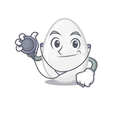 A mascot picture of white egg cartoon as a Doctor with tools