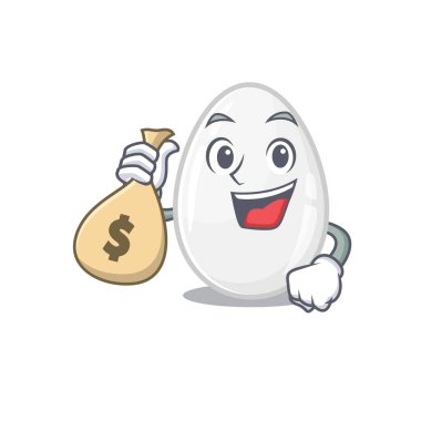 Rich and famous white egg cartoon character holding money bag