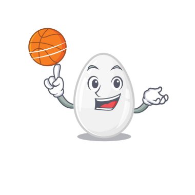A mascot picture of white egg cartoon character playing basketball