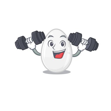 Sporty Fitness exercise white egg mascot design using barbells