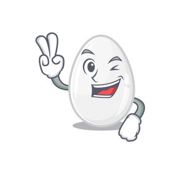 mascot of funny white egg cartoon Character with two fingers
