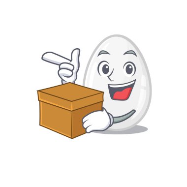 Cute white egg cartoon character having a box