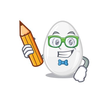A smart Student white egg character holding pencil