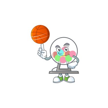 a strong lottery machine ball cartoon character with a basketball