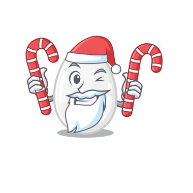 White egg Cartoon character wearing Santa costume bringing a candy