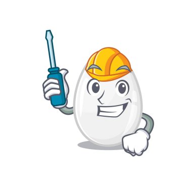 cartoon character style white egg working as an automotive