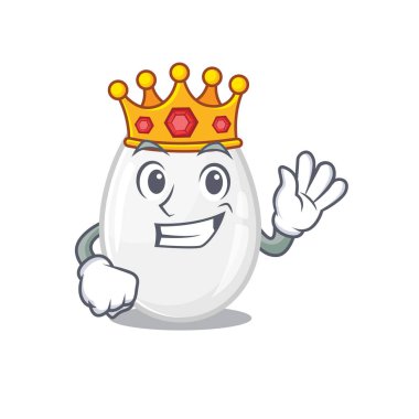 A cartoon mascot design of white egg performed as a King on the stage