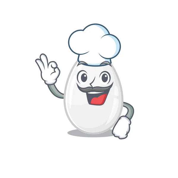 Personaje de dibujos animados huevo blanco trabajando como chef y usando sombrero blanco — Vector de stock