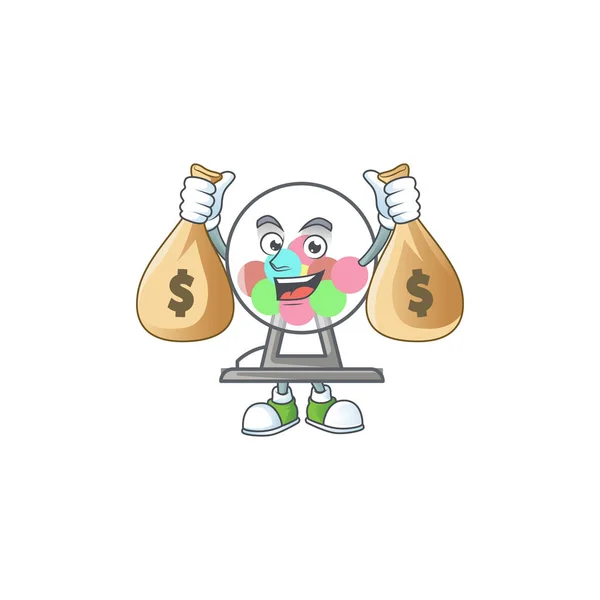 A cute image of lottery machine ball cartoon character holding money bags — ストックベクタ