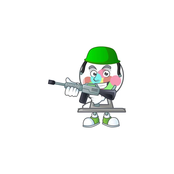 Lotteria disegno della mascotte palla macchina in uniforme dell'esercito con mitragliatrice — Vettoriale Stock